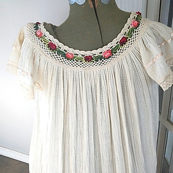 ADORABLE BOHO/HIPPIE CREAM GAUZE EMBROIDERED MADE IN MEXICO DRESS WOMANS M - Picture 6 of 9